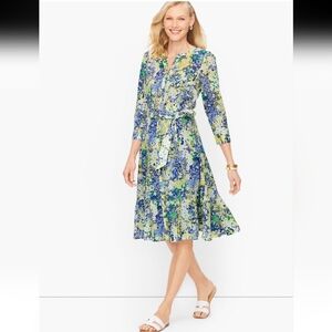 Talbots Cotton Tie Waist Dress Butterfly Garden 3/4 Sleeves Womens Size 12P